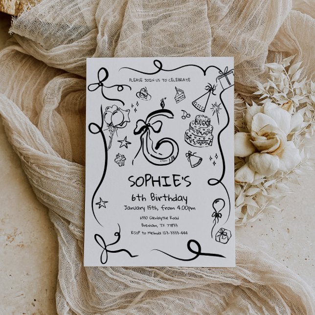 Invitation de 6e anniversaire, main tirée 6e anniv (Créateur téléchargé)