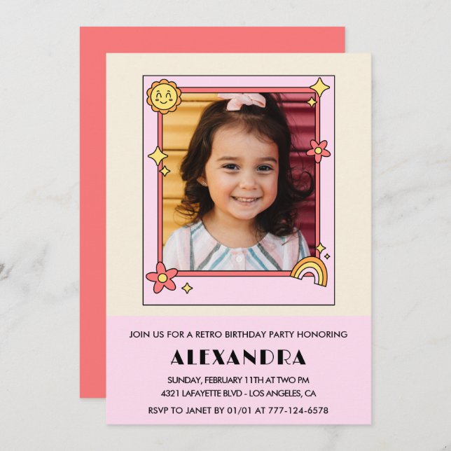 Invitation de 6e anniversaire Retro Super Rose Flo (Devant / Derrière)