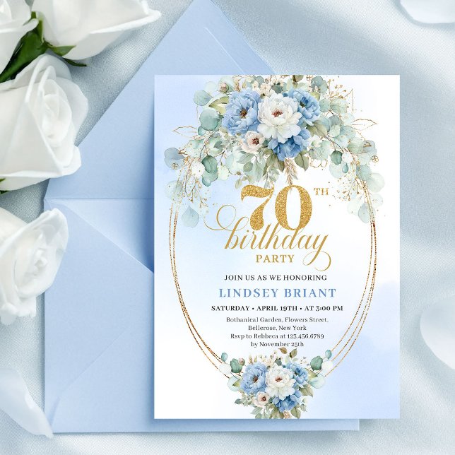 Invitation de 70 ans élégante à fleurs bleues d'eu (Stylish Blue Floral Eucalyptus 70th Birthday Invites

)