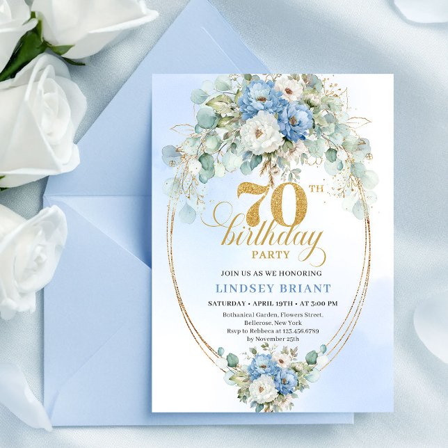 Invitation de 70e anniversaire florale bleu or élé (Stylish Blue Gold Floral 70th Birthday Invitation Card

)