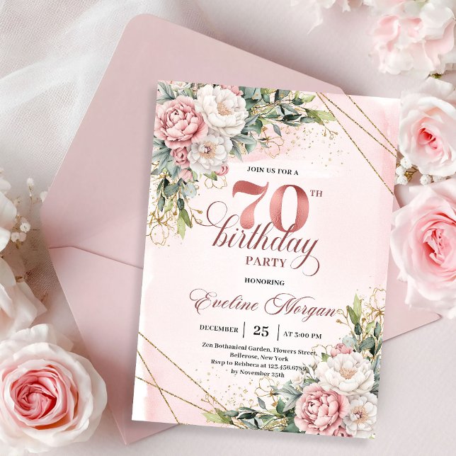 Invitation de 70e anniversaire florale bohème en o (Premium Rose Gold Boho Floral 70th Birthday Invitation)