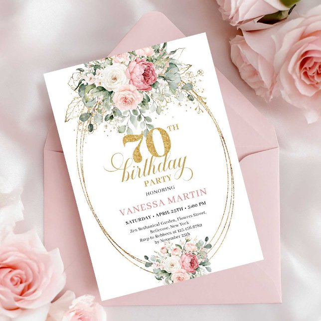 Invitation de 70e anniversaire florale rose pastel (Luxury Pastel Pink Floral 70th Birthday Invitation)