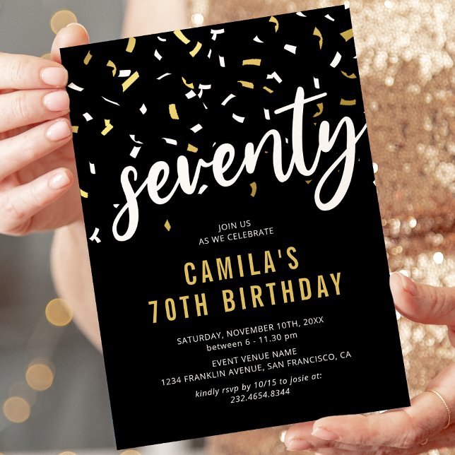 Invitation de 70e anniversaire noir et or avec con (Créateur téléchargé)