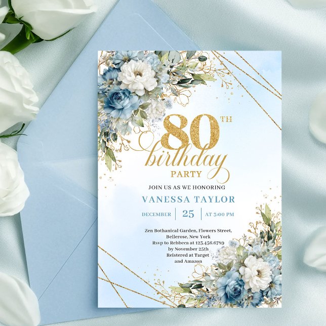 Invitation de 80 ans élégante Dusty Blue Floral Go (Stylish Dusty Blue Floral Gold 80th Birthday Invite Pro

)