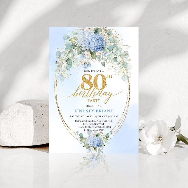 Invitation de 80e anniversaire aux fleurs d'horten (Luxury Blue Hydrangea Floral 80th Birthday Invitation)