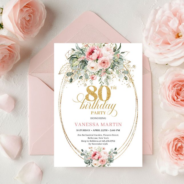 Invitation de 80e anniversaire aux roses blush boh (Stylish Bohemian Blush Roses 80th Birthday Invitation

)