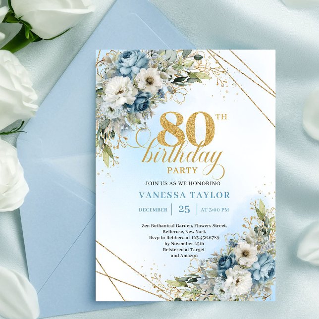Invitation de 80e anniversaire belle cadre doré bl (Beautiful 80th Birthday Invitation Gold Frame Blue Flowers)