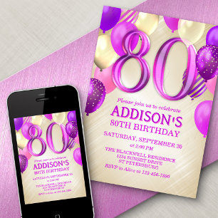 Invitation de 80e anniversaire de ballons roses