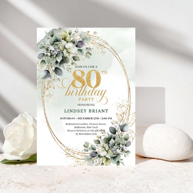 Invitation de 80e anniversaire de luxe botanique E (Luxury Botanical Eucalyptus 80th Birthday Invite)