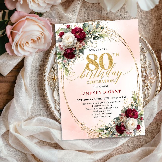 Invitation de 80e anniversaire Floral Boho Burgund (Timeless Burgundy Boho Floral 80th Birthday Invite)