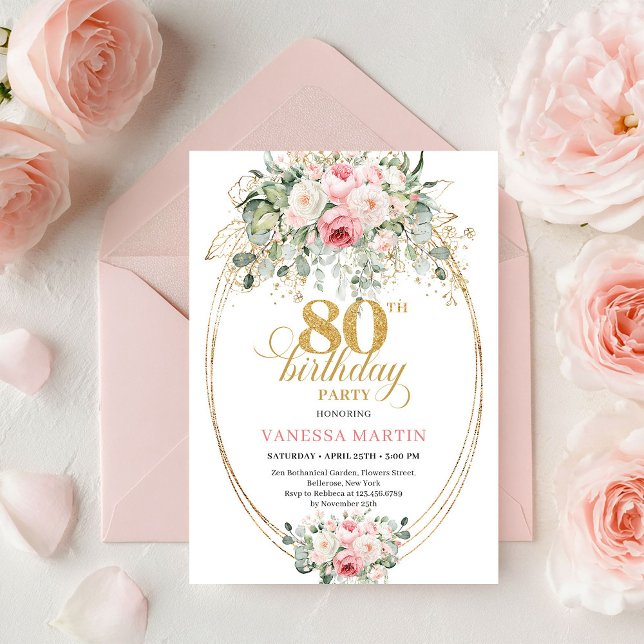 Invitation de 80e anniversaire florale blush minim (Stylish Minimal Blush Floral 80th Birthday Invitation

)