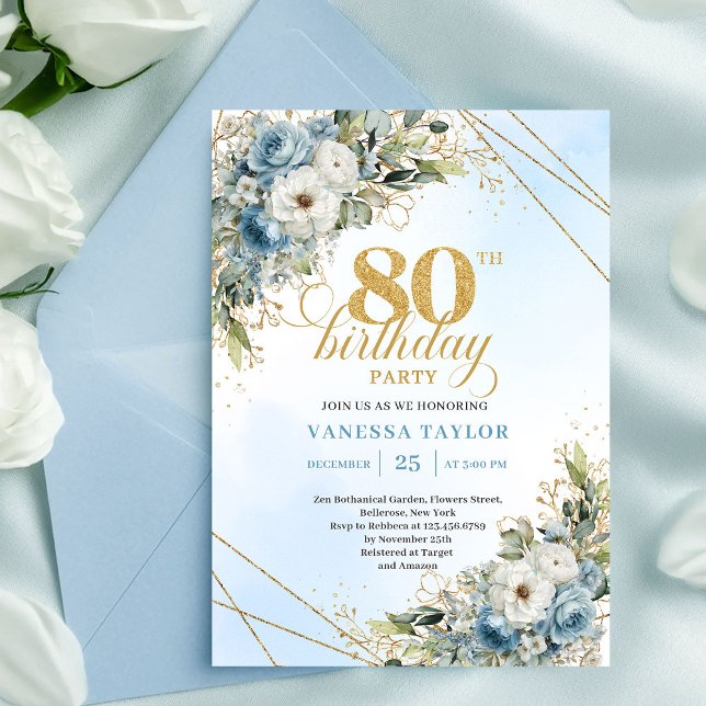 Invitation de 80e anniversaire Lovely Dusty Blue F (Lovely Dusty Blue Floral Gold 80th Birthday Invite Plus

)