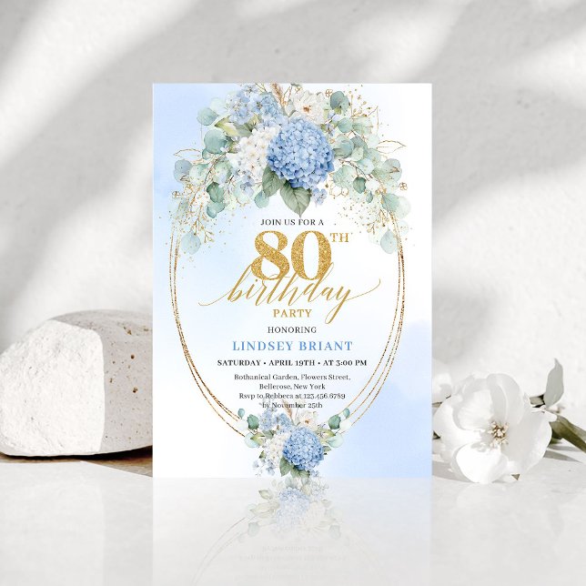 Invitation de 80e anniversaire Luxe Bleu Floral Eu (Luxury Blue Floral Eucalyptus 80th Birthday Invite)