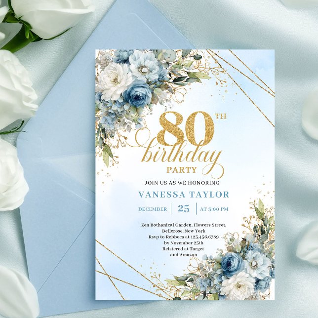 Invitation de 80e anniversaire Luxe Bohème Bleu Po (Luxury 80th Birthday Invite Dusty Blue Gold Watercolor)