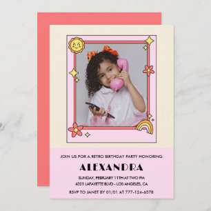 Invitation de 8e anniversaire Retro Super rose flo