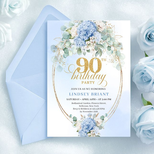 Invitation de 90e anniversaire de Boho Blue Hydran (Boho Blue Hydrangea Greenery 90th Birthday Invite)