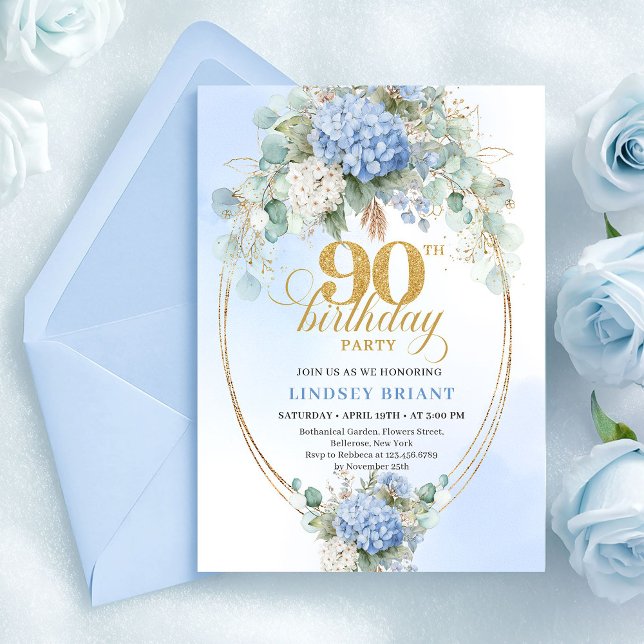 Invitation de 90e anniversaire Luxe Bleu Floral Aq (Luxury Blue Floral Watercolor 90th Birthday Invitation)