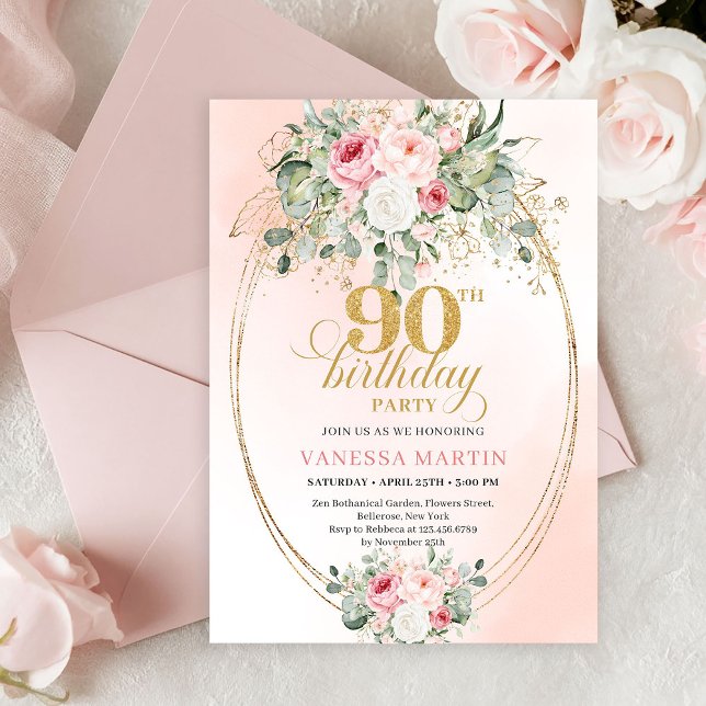 Invitation de 90e anniversaire Luxe Rose Pâle Or B (Delicate Blush Floral Greenery Elegant 90th Birthday Invite)