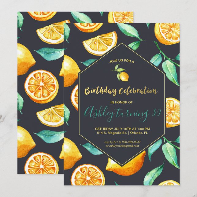 Invitation de anniversaire chic citron-citron (Devant / Derrière)