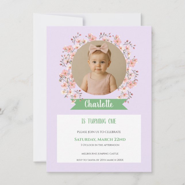 Invitation de anniversaire de fille avec photo flo (Devant)