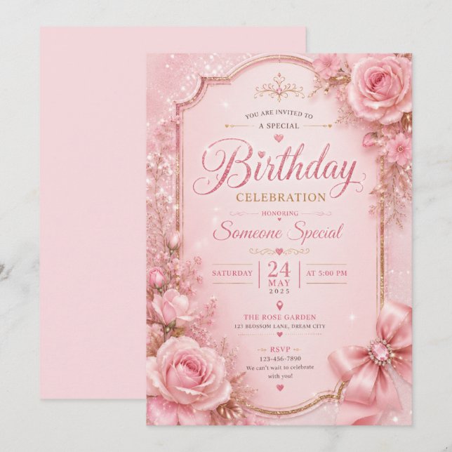 Invitation de anniversaire élégante avec fleurs ro (Devant / Derrière)