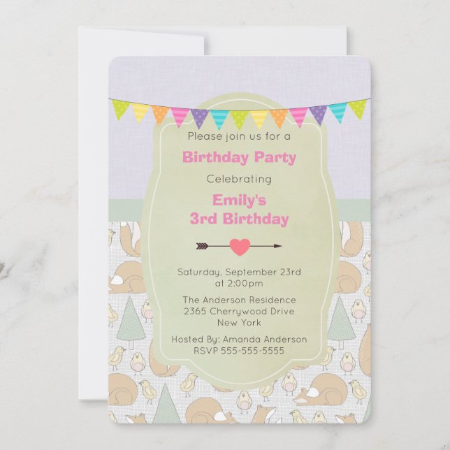 Invitation de anniversaire fantaisiste Fox, Oiseau (Devant)