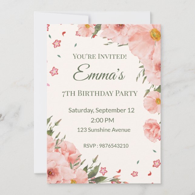 Invitation de anniversaire florale rose modifiable (Devant)