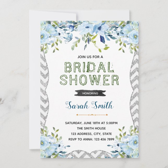 Invitation de babille de mariage argent et bleu (Devant)
