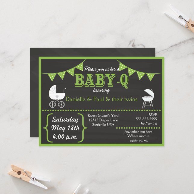Invitation de Baby-Q Chalkboard Green à la baby sh (Devant/Arrière en situation)