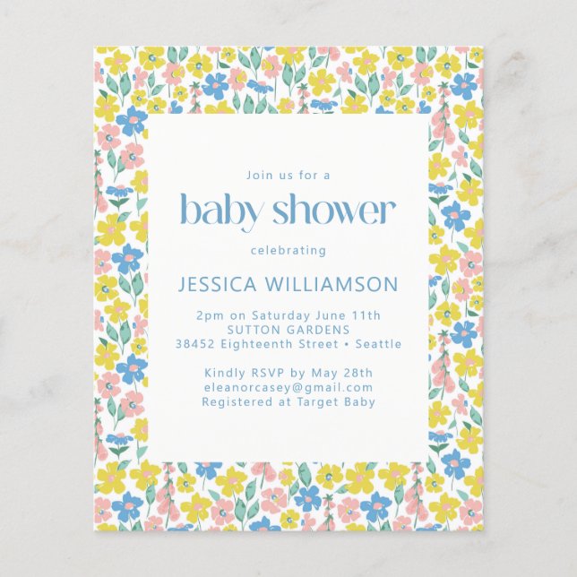 Invitation de baby shower à budget floral jaune à  (Devant)