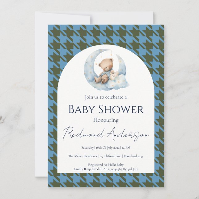 Invitation de baby shower à carreaux bleus (Devant)
