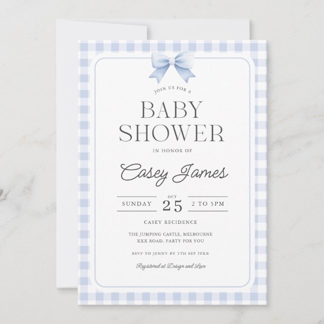 Invitation de Baby Shower à Carreaux Bleus (Devant)