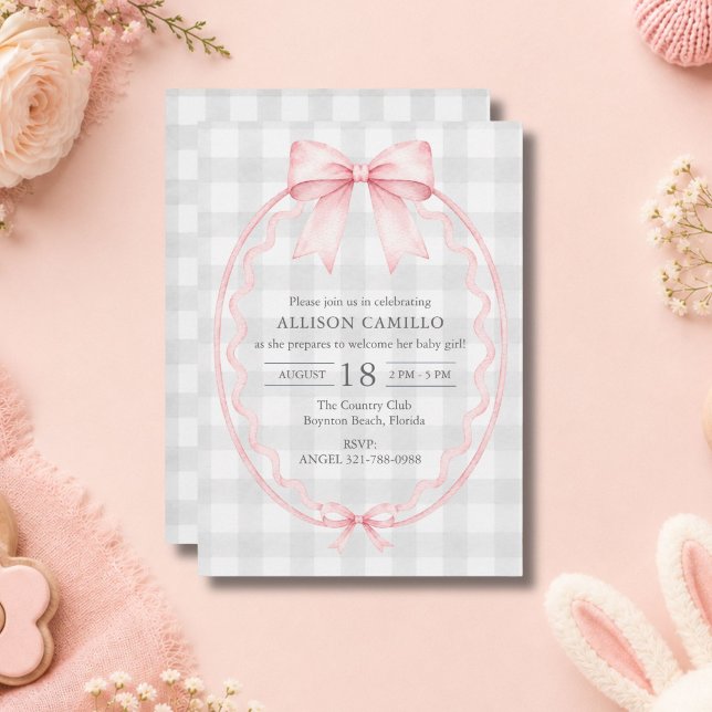 Invitation de baby shower à carreaux gris avec un  (Pink Bow Gray Gingham Baby Shower Invitation)