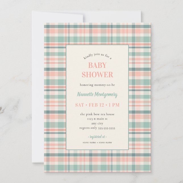 Invitation de baby shower à carreaux pastel (Devant)