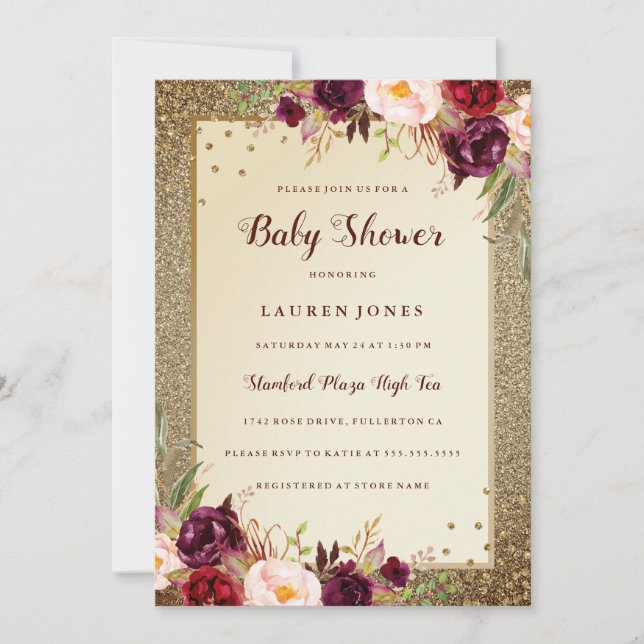 Invitation de Baby shower à fleurs bordeaux or (Devant)