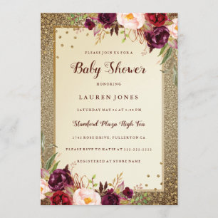 Invitation de Baby shower à fleurs bordeaux or