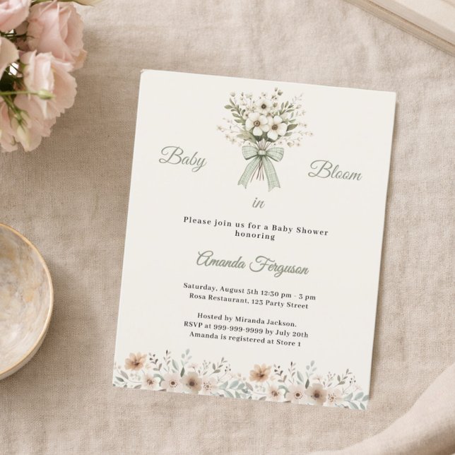 Invitation de baby shower à fleurs neutres et verd (Créateur téléchargé)