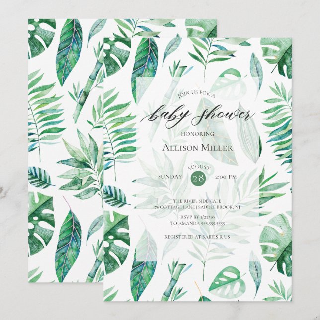 Invitation de Baby Shower à la verdure feuillue tr (Devant / Derrière)