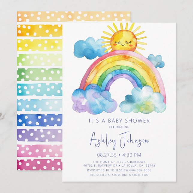 Invitation de baby shower à l'aquarelle arc-en-cie (Devant / Derrière)