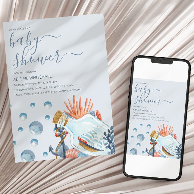 Invitation de baby shower à l'aquarelle nautique m (Créateur téléchargé)