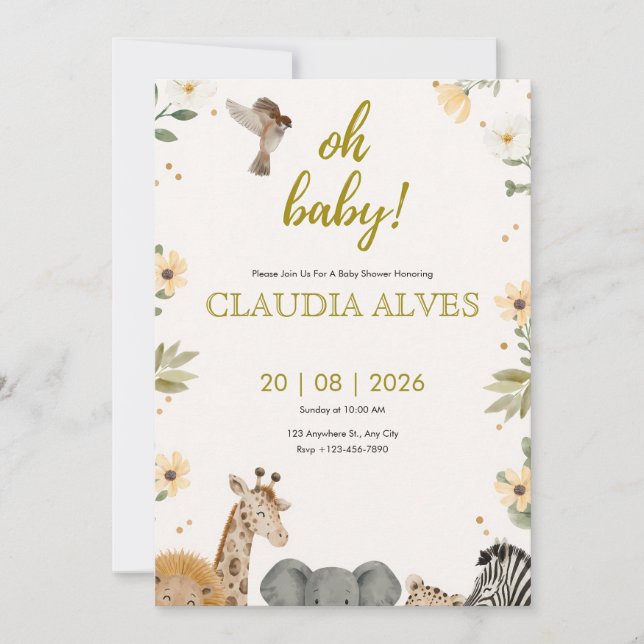 Invitation de Baby Shower à l'aquarelle Safari Jun (Devant)