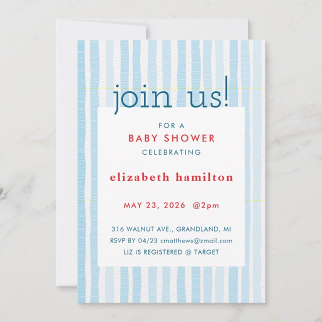 Invitation de Baby Shower à rayures aquarelles ble (Devant)