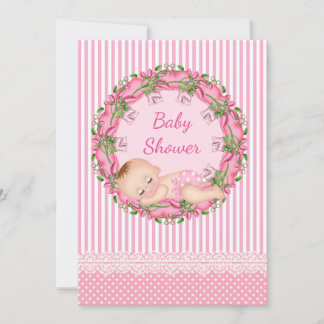 Invitation de Baby shower à rayures roses avec cou