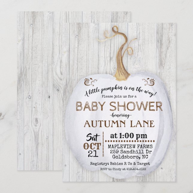 Invitation de Baby Shower à Thème Citrouille Rusti (Devant / Derrière)