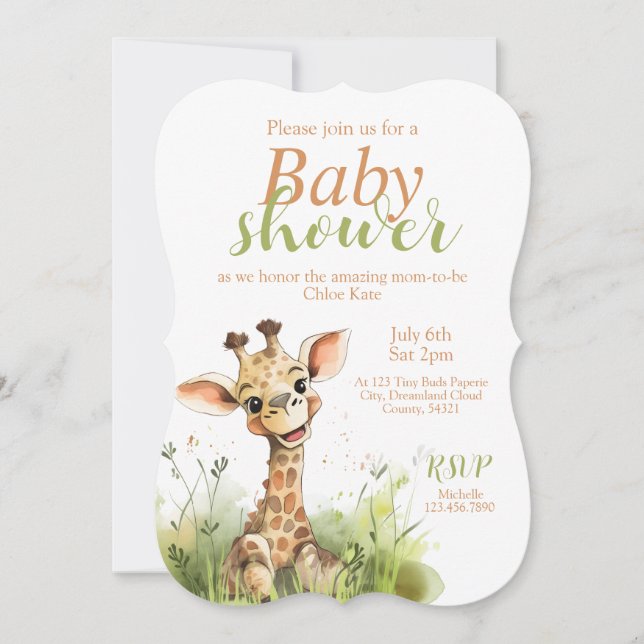 Invitation de Baby shower à thème Giraffe (Devant)