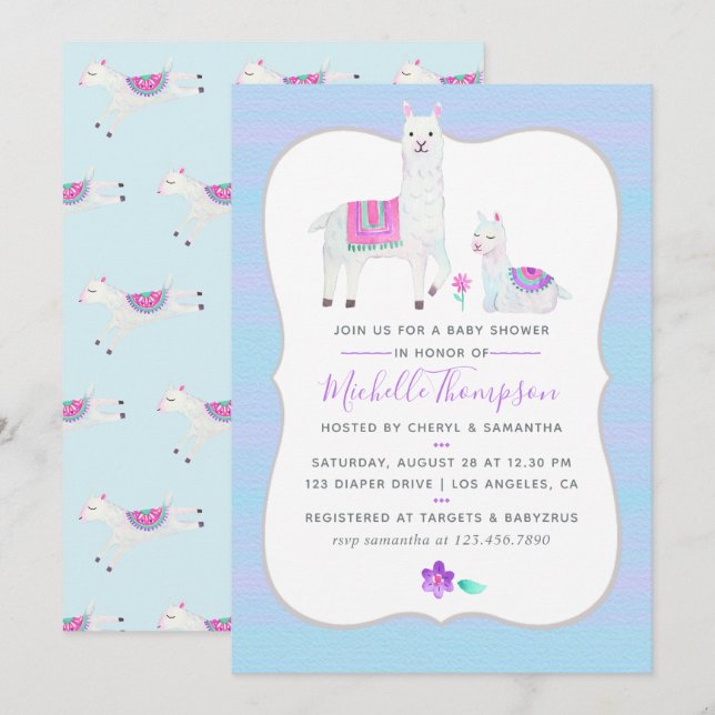 Invitation de Baby Shower à thème lama aquarelle m (Devant / Derrière)
