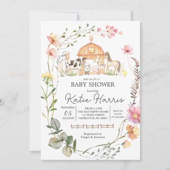 Invitation de Baby shower agricole fleur sauvage (Devant)