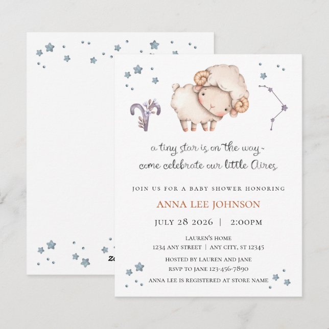 Invitation de Baby Shower Aires Zodiaque (Devant / Derrière)