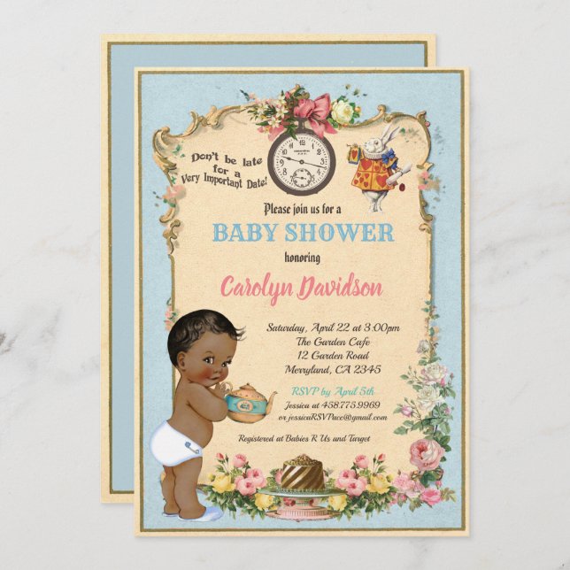 Invitation de Baby Shower Alice au Pays des Mervei (Devant / Derrière)