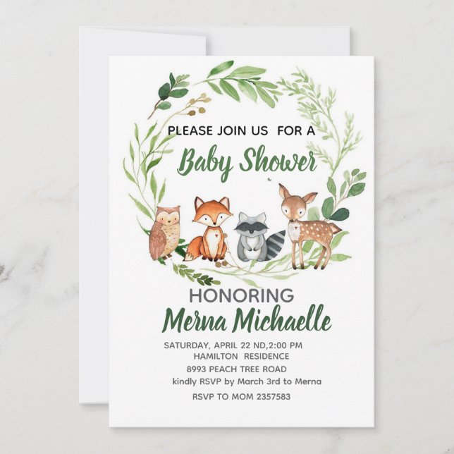 invitation de baby shower animal de la forêt (Devant)